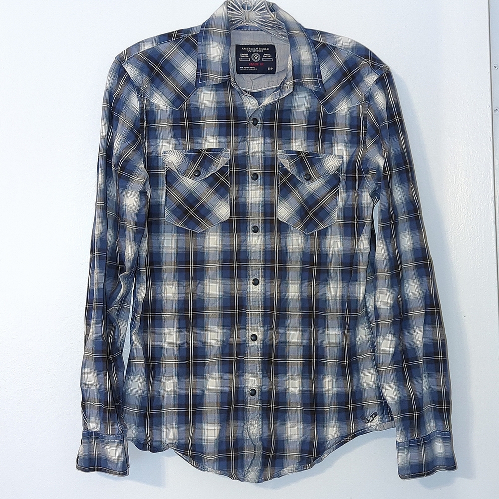 American Eagle Vintage Fit Pearl Snap Button up plaid cowboy shirt